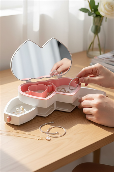 Beyaz Renk Kalp Figürlü Aynalı Çekmeceli Takı Organizeri