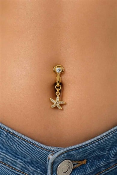 Altın Renk Yıldız Figürlü Taşlı Delik Gerektirmeyen Cerrahi Çelik Göbek Piercing