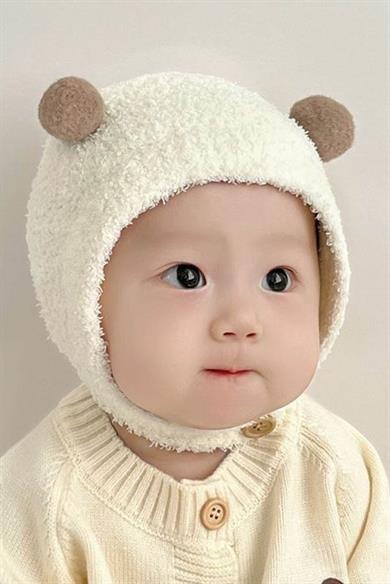 Krem Ve Kahve Renk Ponpon Detaylı Bebek Peluş Şapka