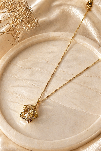 Altın Renk Çiçek Figürlü İçi Dönen Çelik Kolye