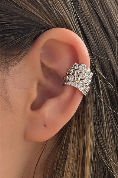 Gümüş Renk Taş Detaylı TX Ear Cuff (Tek)