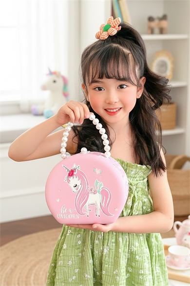 Pembe Renk Unicorn Figürlü İnci Detaylı Çanta Detaylı Takı Kutusu/Organizer