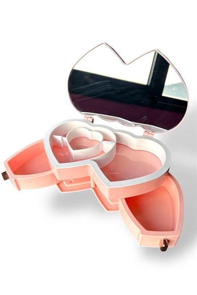 Pembe Renk Kalp Figürlü Aynalı Çekmeceli Takı Organizeri