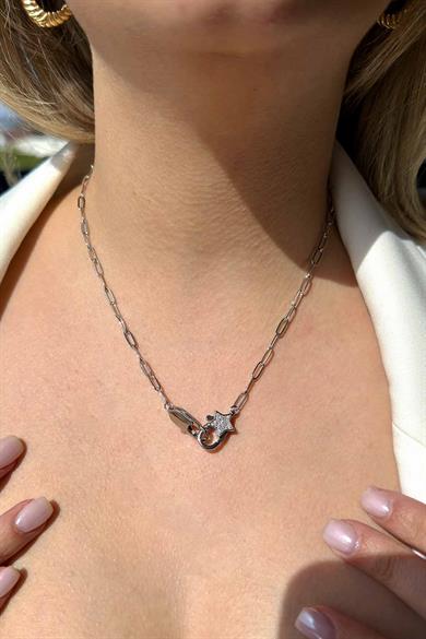 Gümüş Renk Yıldız Figürlü Taş Detaylı 14K Altın Kaplama Kolye