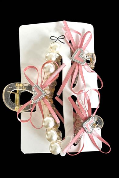 Pembe Renk Kalp Figürlü İnci Detaylı 3lü Mandal Toka Set