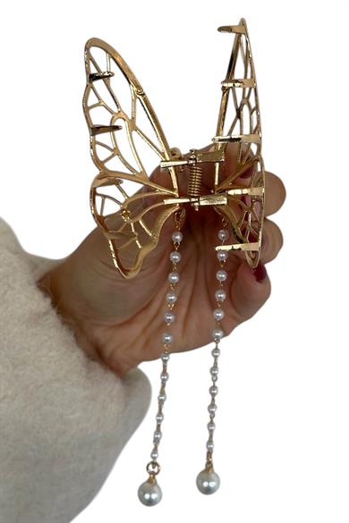 Altın Renk Kelebek Figürlü İnci Detaylı Sallantılı Metal Mandal Toka