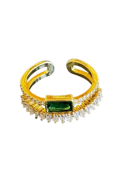 Altın Renk Yeşil Taş Detaylı Ayarlanabilir Çelik Yüzük