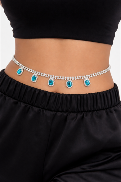 Gümüş Renk Taş Detaylı Tasarım Bel Zinciri/Vücut Aksesuar