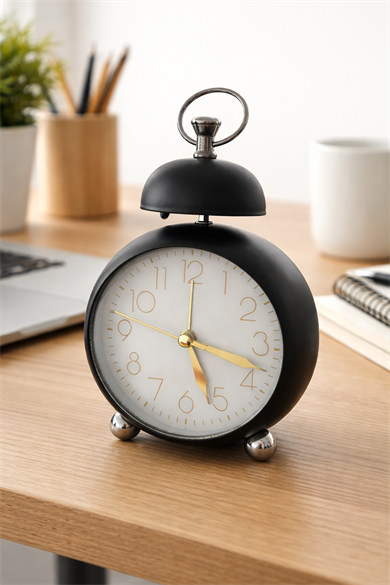 Siyah Renk Mini Dekoratif Işıklı Alarmlı Yuvarlak Masa Saati