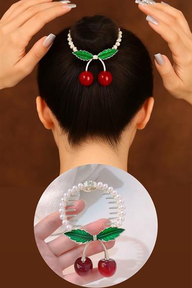 Altın Renk Kiraz Figürlü İnci Detaylı Sallantılı Topuz Tokası