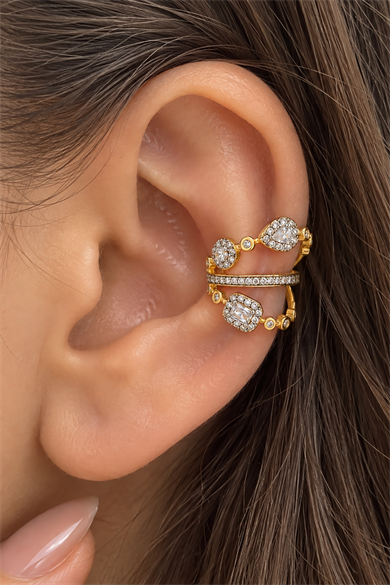 Altın Ve Gümüş Renk Taş Detaylı TX Ear Cuff (Tek)