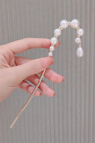 Altın Renk İnci Detaylı Topuz Toka