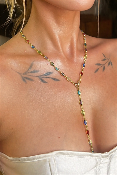 Altın Renk Taş Detaylı Çelik Y Kolye