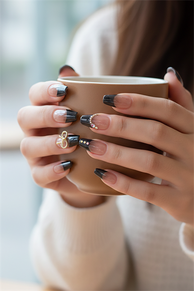 12li Pudra Ve Siyah Renk Jel Görünümlü Takma Tırnak (Yapıştırıcılı)