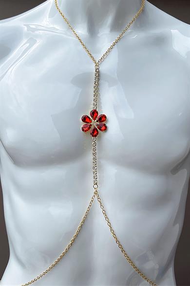 Altın Renk Çiçek Figürlü Kırmızı Taş Detaylı Tasarım Vücut Aksesuar