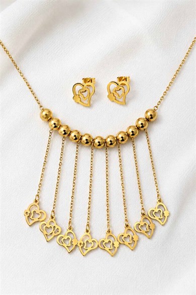 Altın Renk Kalp Figürlü Top Detaylı Çelik Kolye/Küpe Set