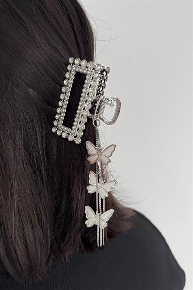 Gümüş Renk Kelebek Figürlü Taş Detaylı Sallantılı Mandal Toka