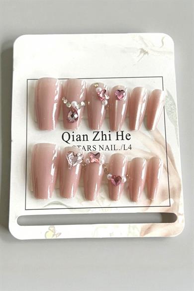 12li Pembe Renk Taş Detaylı Takma Tırnak Set (Yapıştırıcılı)