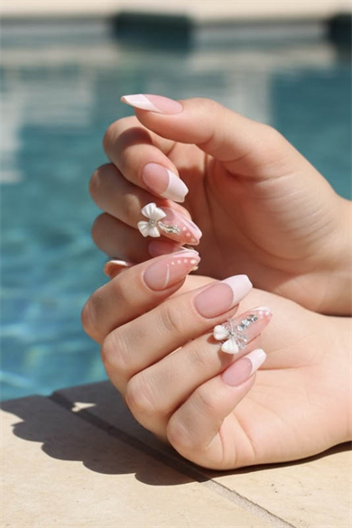 12li Pembe Renk Kurdele Figürlü Taş Detaylı Takma Tırnak Set (Yapıştırıcılı)