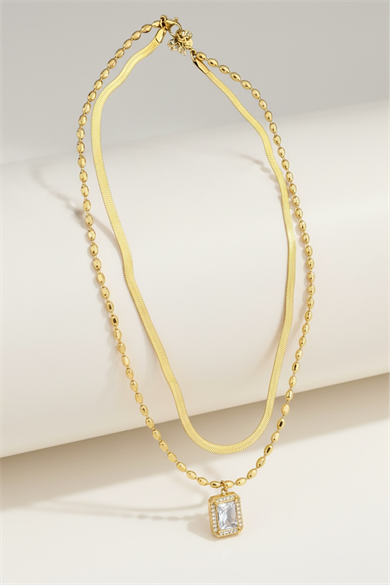 Altın Renk 2lİ Zincir Detaylı Taş Detay Çelik Kolye 