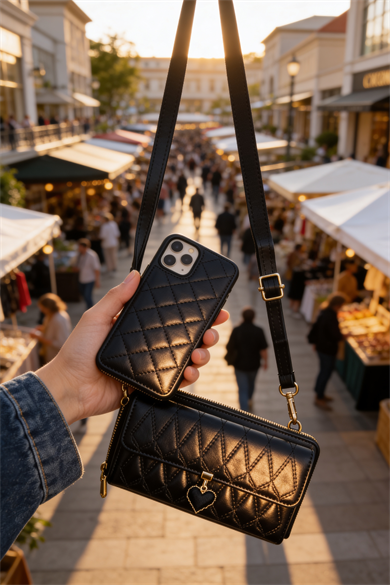 Siyah Renk Kalp Detaylı Kadın Deri Cüzdan/Çanta