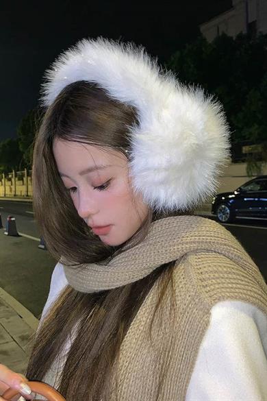 Krem Renk Simli Peluş Kulaklık