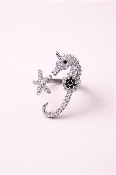 Gümüş Renk Deniz Atı Figürlü Ayarlanabilir Yüzük