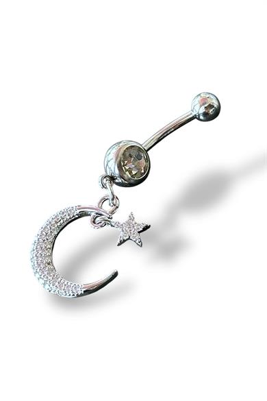 Gümüş Renk Ay Ve Yıldız Figürlü Taş Detaylı Cerrahi Çelik Göbek Piercing