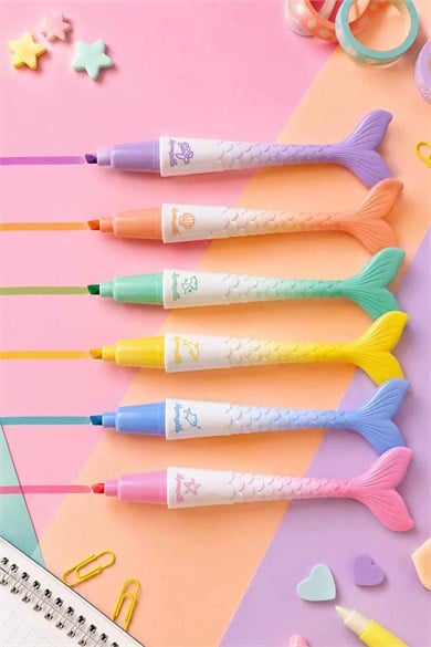 6lı Deniz Kızı Figürlü Fosforlu Kalem Set