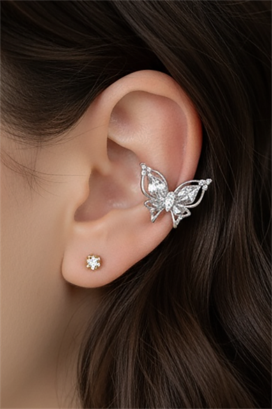 Gümüş Renk Kelebek Figürlü Taş Detaylı 14K Altın Kaplama TX Ear Cuff (Tek)