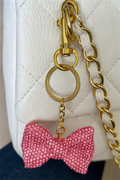 Altın Ve Pembe Renk Kurdele Figürlü Taş Detaylı Çanta Charm/ Anahtarlık