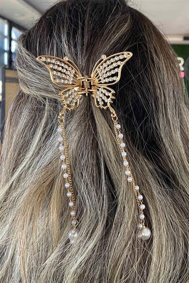 Altın Renk Taş Ve İnci Detaylı Metal Mandal Toka