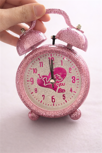 Pembe Renk Simli Mini Dekoratif Işıklı Alarmlı Yuvarlak Masa Saati