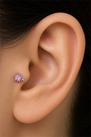 Gümüş  Renk Yıldız Figürlü  Taşlı Cerrahi Çelik Tragus/Kıkırdak Küpe/Piercing (Tek)