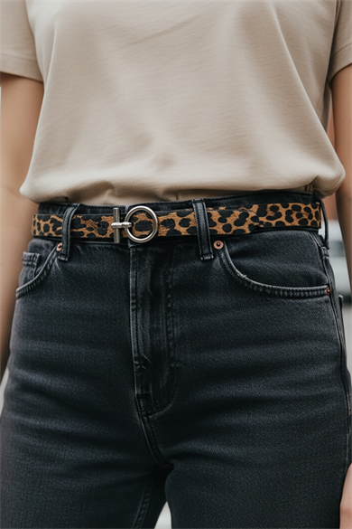 Gümüş Renk Leopar Desenli Kadın Deri Kemer