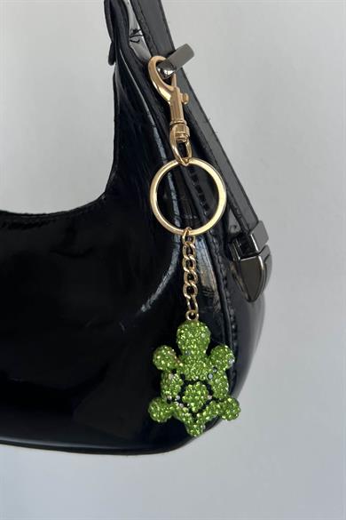 Altın Renk Kaplumbağa Figürlü Taş Detaylı Çanta Charm/ Anahtarlık