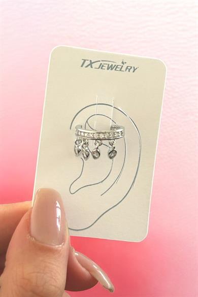 Gümüş Renk Taş Detaylı 14K Altın Kaplama TX Ear Cuff (Tek)