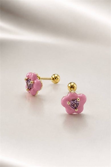 2li Pembe Renk Çiçek Figürlü Taş Detaylı Tx Tragus/Kıkırdak Küpe/Piercing 