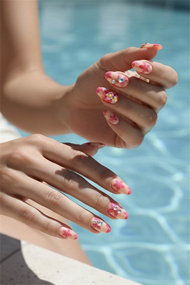 12li Pembe Renk Çiçek Figürlü Takma Tırnak Set (Yapıştırıcılı)