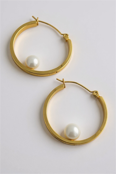 Altın Renk İnci Detaylı Çelik Halka  Küpe (Çift)