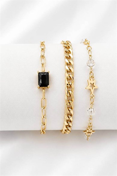 Altın  Renk  Zincir Detaylı 3lü Bileklik Set