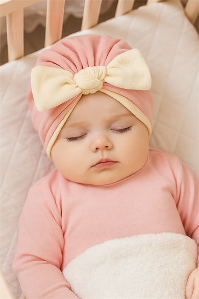 Açık Pembe Ve Krem Renk Kurdele Figürlü Bebek Saç Bonesi