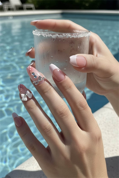 12li Pembe Renk Kurdele Figürlü Taş Detaylı Takma Tırnak Set (Yapıştırıcılı)