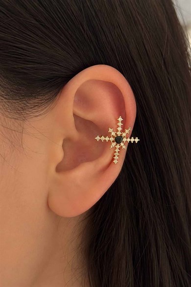 Altın Renk  Kalp Figürlü Taş Detaylı TX Ear Cuff (Tek)