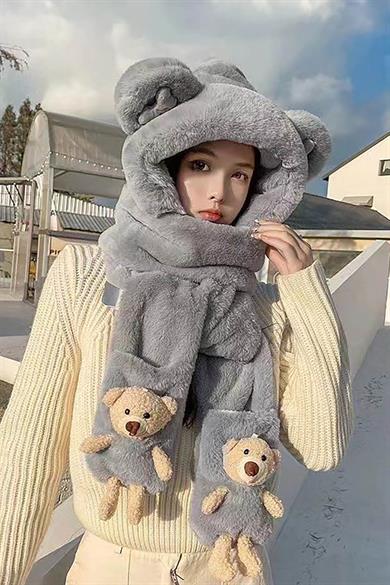 Gri Renk Rüzgar Geçirmez Peluş Bere Atkı Eldiven