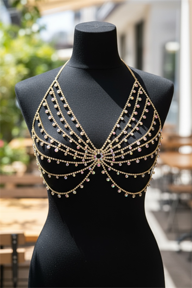 Altın Renk Hologram Taş Detaylı Bralet Vücut Aksesuarı