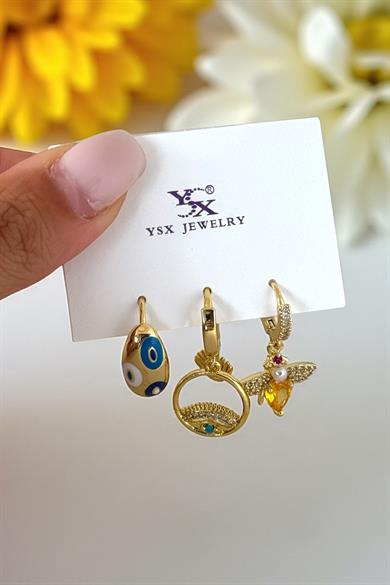 Altın Renk Taş Detaylı 3lü YSX Küpe Set