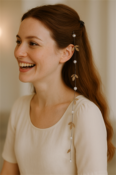 Altın Renk Yaprak Ve İnci Detaylı Çıtçıtlı Saç Aksesuarı 