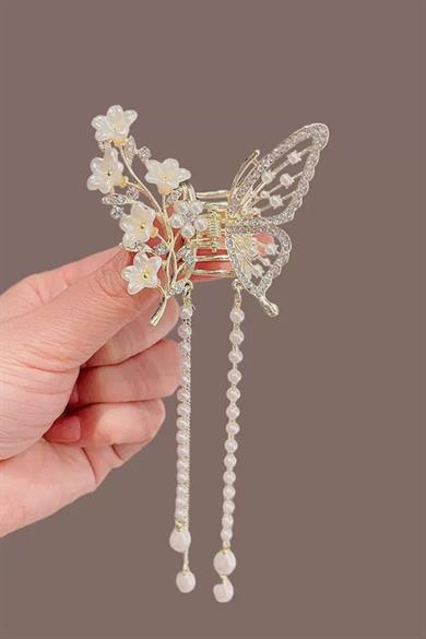 Altın Renk Kelebek Figürlü İnci Detaylı Metal Mandal Toka