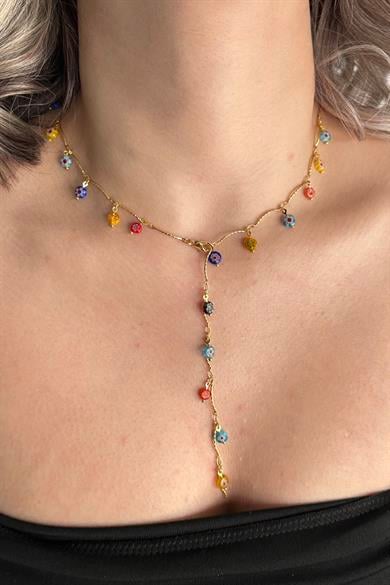 Altın Renk Boncuk Detaylı Çelik Y Kolye